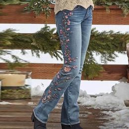 Women's Jeans Women Boho Embroidery Flower Demin Pants Girls Streetwear Sexy Flare Skinny Trouser 2024 European Fashion