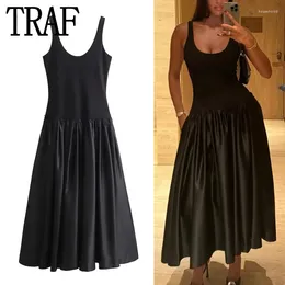 Casual Dresses TRAF 2024 Black Slip Long Dress Women Patchwork Sleeveless Satin Woman Ruched Women's Sexy Party