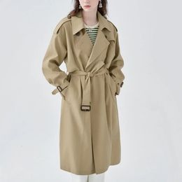 Womens Long Trench Coat with Belt Monochromatic Classic Lapel Long Sleeve Windproof Casual Streetwear Autumn240228