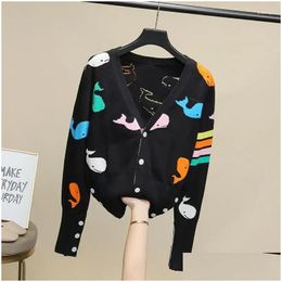 Womens Jackets Colour Dancing Whale Jacquard Coat Female 2024 Autumn And Winter Preppy Style V-Neck Long Sleeve Knitted Cardigan Top Dr Otydr