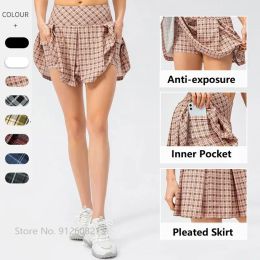 Skorts Summer Ladies Sexy Tennis Skirt Women Sports Grid Tennis Skorts Antiexposure Golf Pleated Skirt Running Yoga Gym Sportswear