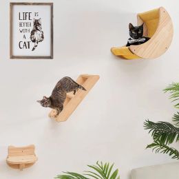 Scratchers Cat Shelf Wall Hammock Climbing Shelves Moon Shaped And Perches Ladder Solid Wood Steps For Activity Indoor Cats Wall Furniture