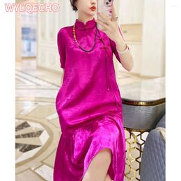 Ethnic Clothing 2024 Chinese Rose Red National Style Improved Qipao Spring Summer High Grade Standing Neck Button Dress For Women