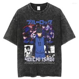 Men's T Shirts Oversized Vintage Washed Shirt Blue Lock Anime Manga T-shirt Cotton Short Sleeve Tops Harajuku Streetwear Unisex Tees