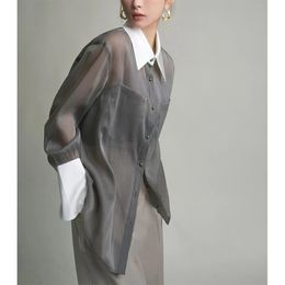 MEXZT Vintage Blouses Women Elegant Sun Proof Sheer Long Sleeve Shirts Office Lady Korean Patchwork Loose Casual Sunscreen Tops 240227