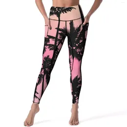 Active Pants Sunset Beach Print Leggings Palm Tree Fitness Running Yoga Push Up Breathable Sport With Pockets Elastic Printed