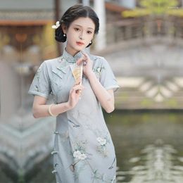 Ethnic Clothing Cheongsam Women Chinese Style Qipao Mandarin Collar Formal Party Gown With Vintage Button Dress Summer Short Sleeve