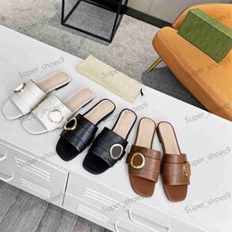 Designer slippers women luxury flat sandals genuine leather metal ring fashion slides sandal indoor lady casual shoes designers slipper size 35-41 with box