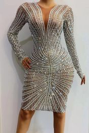 Stage Wear Autumn Mesh Gem Pearl Deep Neck Dress Short Sequin Gems Embellished Prom Party Exclusive Outfits