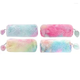 4Pcs Cute Plush Gradient Color Pencil Cases Zipper Pen Storage Pouch Multipurpose Makeup For Office Stationery