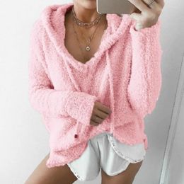 Women's Hoodies Hooded Drawstring Mohair Sweatshirt Women Pullover Top V Neck Fleece Sweater Fashion Sweet Loose Warm Winter Fluffy Hoodie