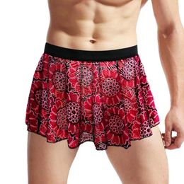 Men's Sleepwear Unisex Lace Hollow Lingerie Skirt Vintage Floral Printed Pleated Short Clubwear Panties Underwear Underpant Briefs Male