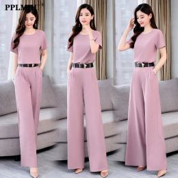 Suits Korean Fashion Wide Leg Pant Suit Elegant Chiffon Solid 2 Piece Set Women Outfit Casual Short Sleeve Belt Top And Trousers Sets