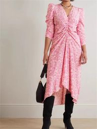 Party Dresses Women V-Neck Printed Drawstring Pleated Midi Dress 2024 Ladies Irregular Slit Hem Sweet Short Sleeve Elegant Robe