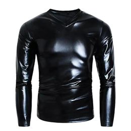 Mens Wear PVC Faux Leather Top S-7XL Plus Size Long Sleeve T-Shirt V-Neck Blouse Shiny Jacket Tight Soft Patent Leather Coat 240228