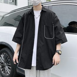 Sommar Nya män Kort ärmskjorta Trend Ins Loose Quarter Sleeved Harajuku Style Patchwork Reflective Jacket Shirt LJ201117