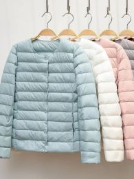 Coats 2023 New Winter Women Down Coat Ultralight Collarless Duck Down Jacket Portable Female Padded Parkas ONeck Puffer Overcoat