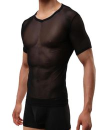 Men039s TShirts Sexy Skinny T Shirt Men Tops Black See Through Mesh Short Sleeve TShirt Perspective O Nek Underwear Nightwear6223158