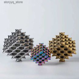 Other Home Decor Geometric Square Sculpture Ceramic Crafts and Ornaments Hollowed Out Rubiks Cube Statue Decorative Figurines Home Decoration Q240229