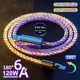 180 ° Rotatable RGB Colourful 120W USB Type C Data Cable 6A Fast Charging Cord For Xiaomi Samsung S24 Huawei Quick Charge Cable