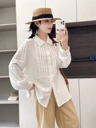 Women's Blouses Lamtrip Unique Double Layers Cotton Yarn Long Sleeve Folds Shirt Blouse Mori Vintage 2024 Autumn