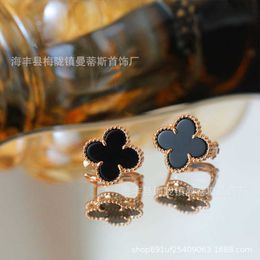 Designer Van cl-ap Fanjia Classic Black Agate Lucky Four Leaf Grass Earbuds Versatile Commuter Earrings S925 Silver Precision High Edition BV1Y