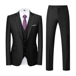 Suits Elegant full suit M6XL(Jacket+Vest+Pants)Highend Brand Formal Business Mens Suit 3piece Groom Wedding Dress Solid Colour Suit