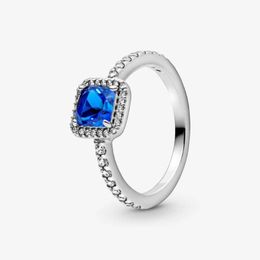 New Brand 100% 925 Sterling Silver Blue Square Sparkle Halo Ring For Women Wedding Rings Fashion Jewelry2507