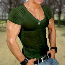 Mens V Neck Sport Muscle Gym Active Tee Short Sleeve T-shirt Blouse Slim Tops 240227