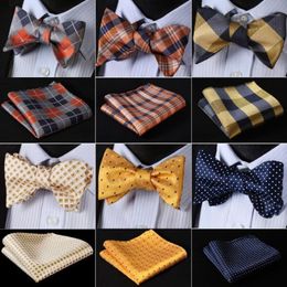 Cheque Classic 100%Silk Jacquard Woven Men Butterfly Self Bow Tie BowTie Pocket Square Handkerchief Suit Set #RC31213E