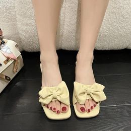 Sandals Square Head Solid Color High Heel Fashion Simple Everything Matching Bow Decorative Women Shoes 2024