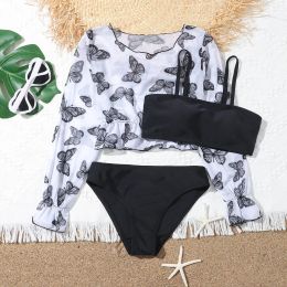 Swimwear Toddler Baby Girl's Swimsuits Prints Bikini Bathing Suit Briefs Long Sleeves Tops Girls Bikini 3 Piece Set Swimwear Beach Wear