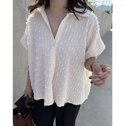 Women's Blouses Vintage Casual Three-dimensional Polka-dot Jacquard Loose Shirt Blouse Women Solid Colour Short Sleeve Tops