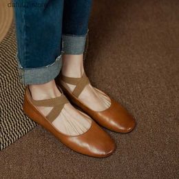 Dress Shoes Vintage Ballet Woman Soft Cowhide Loafers Slip On Women Daily Flats Cross-Tied Round Toe Ladies Sweet French StyleH24229