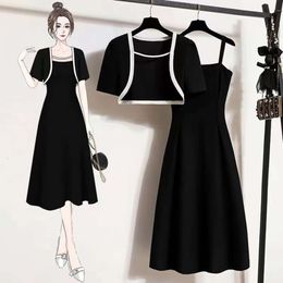 Женское платье большого размера, лето 2023, новое утягивающее универсальное платье-бретелька, топ-кардиган, черный женский комплект из двух предметов Setaa75ZE79