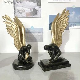 Other Home Decor Resin Handicraft Golden Angel Winged Boy Abstract Figure Sculpture Thinker Decorative Figurines Home Decoration Accessories Q240229