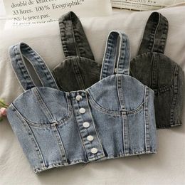 baby girls summer denim tank top single breasted kids crop top suspender Korean open back pleated camisole jeans 3 to 16 yrs 240226