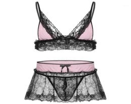 Men dresser Sissy Sexy Lingerie Set Erotic Gay Underwear Costume Floral Lace Bra With Mini Skirt And G-string Panties Bras Sets5216632