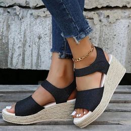 Sandals For Women Ladies Open Toe Linen Sole Wedge Rome Shoes