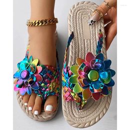 Slippers Multicolor Flower Women Flat Shoes 2024 Summer Fashion Holographic Braided Flip Flops Sandals Femme Casual Beach