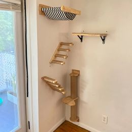 Scratchers Wall Mounted Cat Tree Scratching Post Cats Climbing Shelf Kitten Wall Climbing Furniture Four Step Stair Indoor Wood Cat Hammock