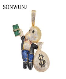 5 Colours Large Size High Quality Brass CZ stones Cartoon Men Money Bag pendant Hip hop Necklace Jewellery Bling Bling Iced Out CN0446597252