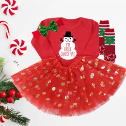 Abiti Il mio primo Natale Set di vestiti per bambini Cotone rosso Tute per feste di Natale Gonne tutù Abiti per ragazze Pagliaccetti a maniche lunghe Regali per le vacanze