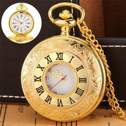 Exquisite Luxury Yellow Gold Pocket Watch Vintage Carving Roman Number Case Quartz Analog Display Necklace Chain Clock Reloj Gift286P