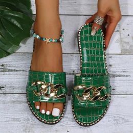 Slippers Green Women 2024 Summer Non-slip Flat Shoes Sexy Fashion Metal Chain Design Open Toe Sandals Woman Outdoor Beach