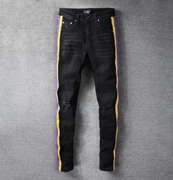 Black Slim Ripped Fashion Brand Jeans Pants Casual Hip Dance Four Season Streetwear Yellow Purple Striped Men Men039s5479670