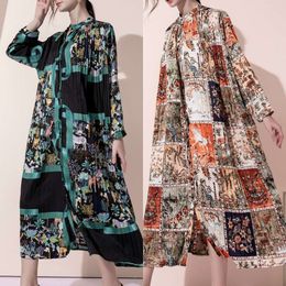 New 2023 2024 Pleated Long Printed Dress European And American Popular Satin Personalized Printed Flowing Cardigan Shirt Color FZ229100