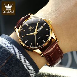 OLEVS Watch for Men Top Brand Luxury Quartz Wristwatches Breathable Leather Strap Waterproof Business Casual 240227