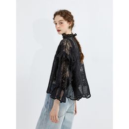 Pure Women's 2024 Spring New Lace Embroidered Shirt Women's Lace Standing Neck Pleated Long sleeved Top