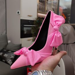 Spring Summer Pink Bowtie High Heel Shoes Women Stiletto Pointed Toe Runway Thin Heels Branded Single Shoes